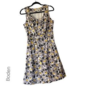 BODEN | RETRO ROSE FLORAL PURE COTTON LINED SLEEVELESS DRESS YELLOW GRAY SIZE 4